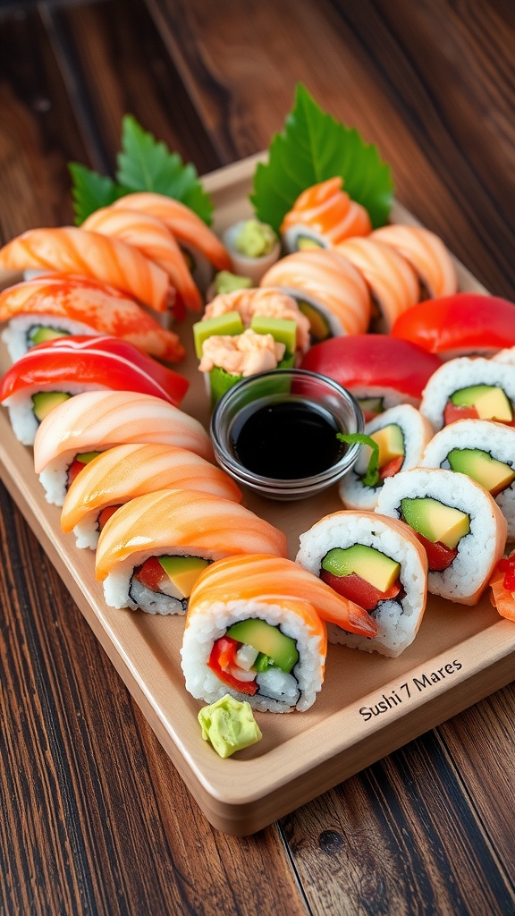A colorful platter of Sushi 7 Mares with shrimp, crab, tuna, salmon, and avocado, garnished with pickled ginger and wasabi.